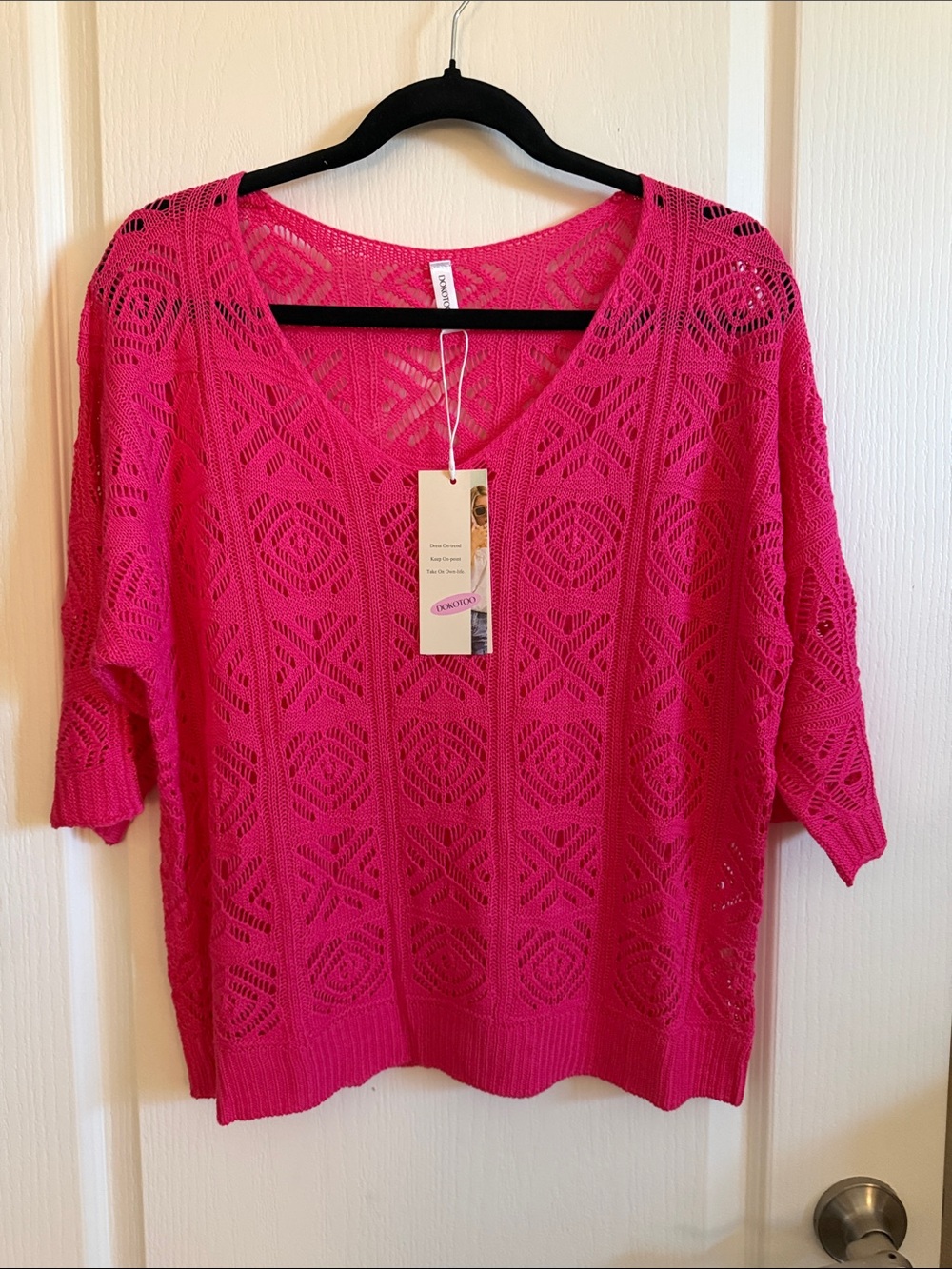 Women's Pink Openwork V-Neck Knit Top